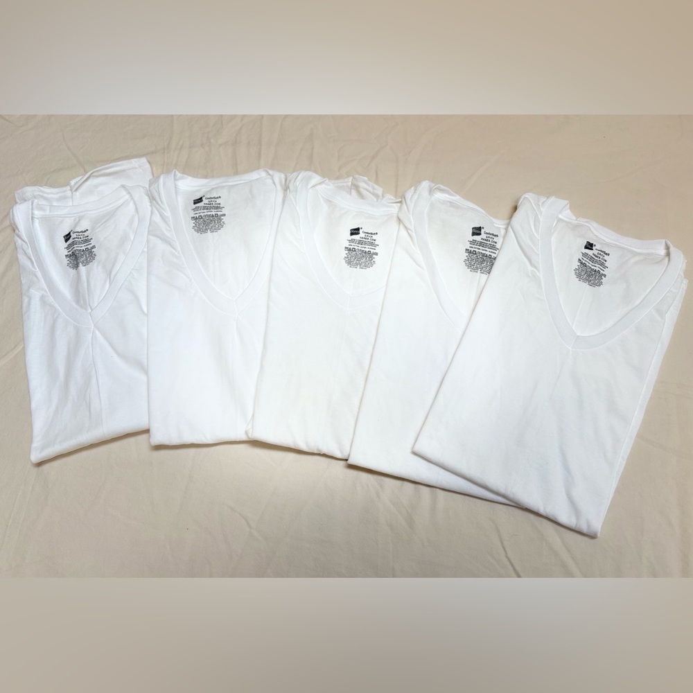 100% Cotton Hanes ComfortSoft V-Neck White T-Shirt - Set of 5